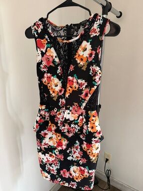 Guess Black Floral Lace Sheath Dress with Multi-Color Print